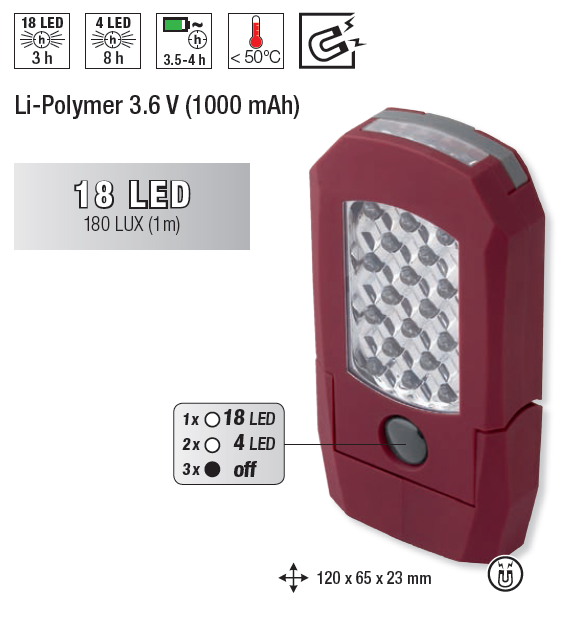 Lampe 18+4 LEDS à accu Li-Ion 3.6 V